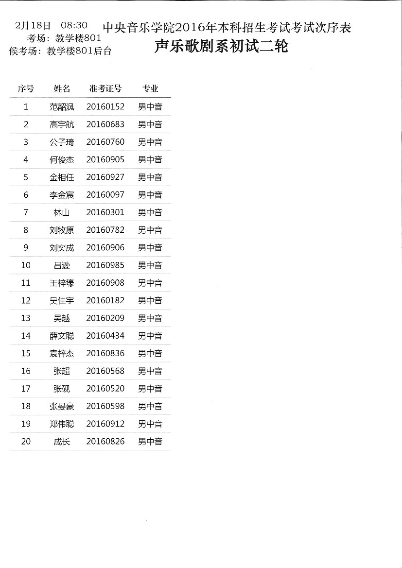 中央音乐学院2016年本科招生考试次序表