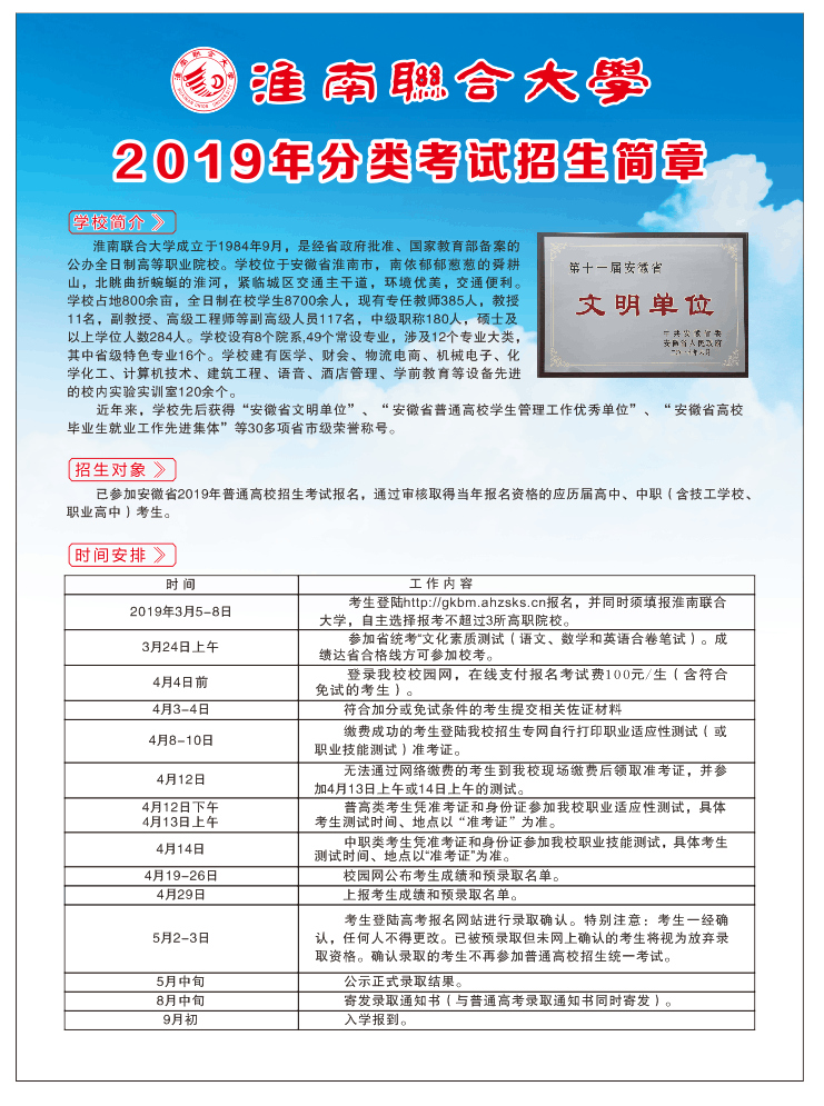 淮南联合大学2019年分类考试招生简章