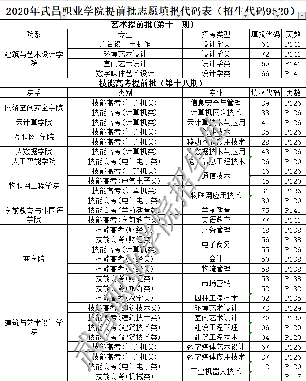 2020年武昌职业学院提前批志愿填报代码表(招生代码9520)